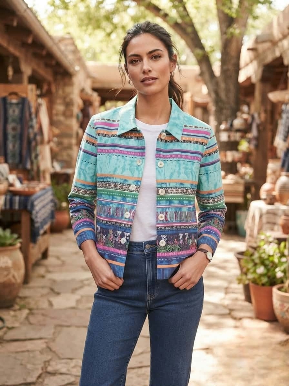 Coldwater Creek Turquoise Boho Patterned Button-Front Jacket Size M